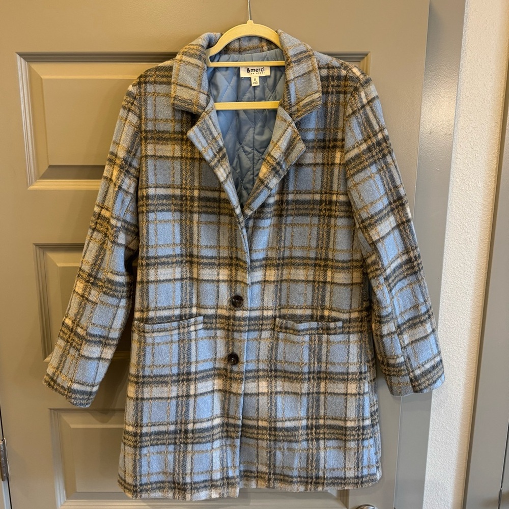 &Merci Women's Light Blue and Brown Plaid Pea Coat